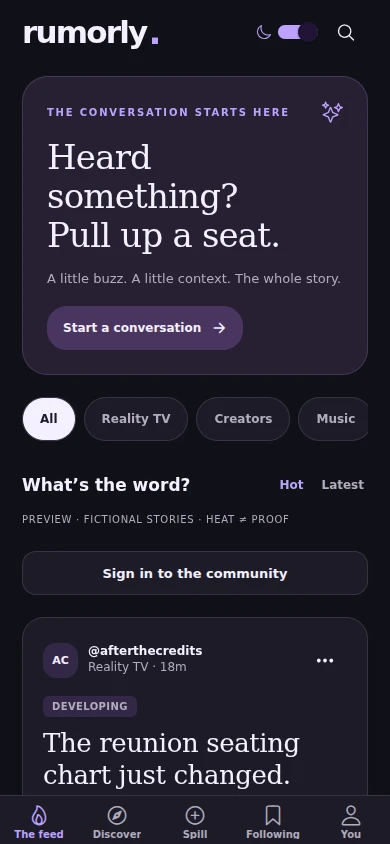 Rumorly dark-mode app preview with topic filters and a fictional reality TV story